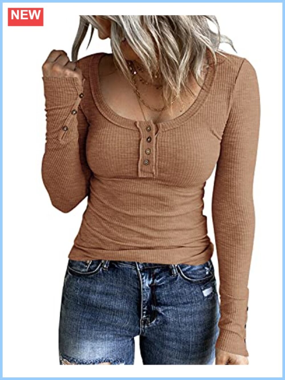 Women Long Sleeve Henley Shirt Ribbed Knit Tunic Top Scoop Neck